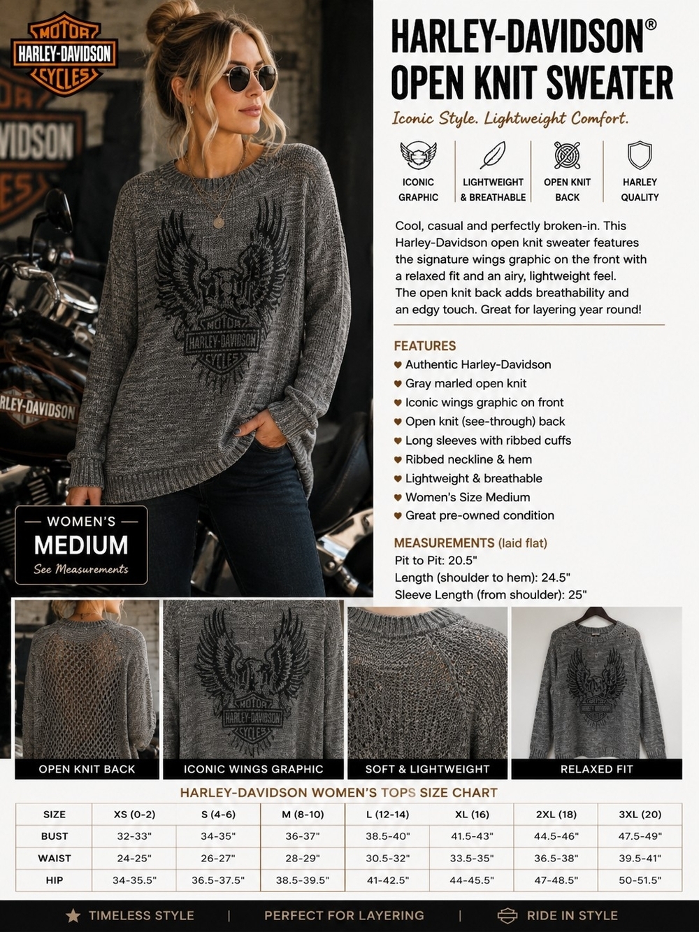 Harley-Davidson Gray Open Knit Sweater M Wing Graphic Lightweight Pullover Boho